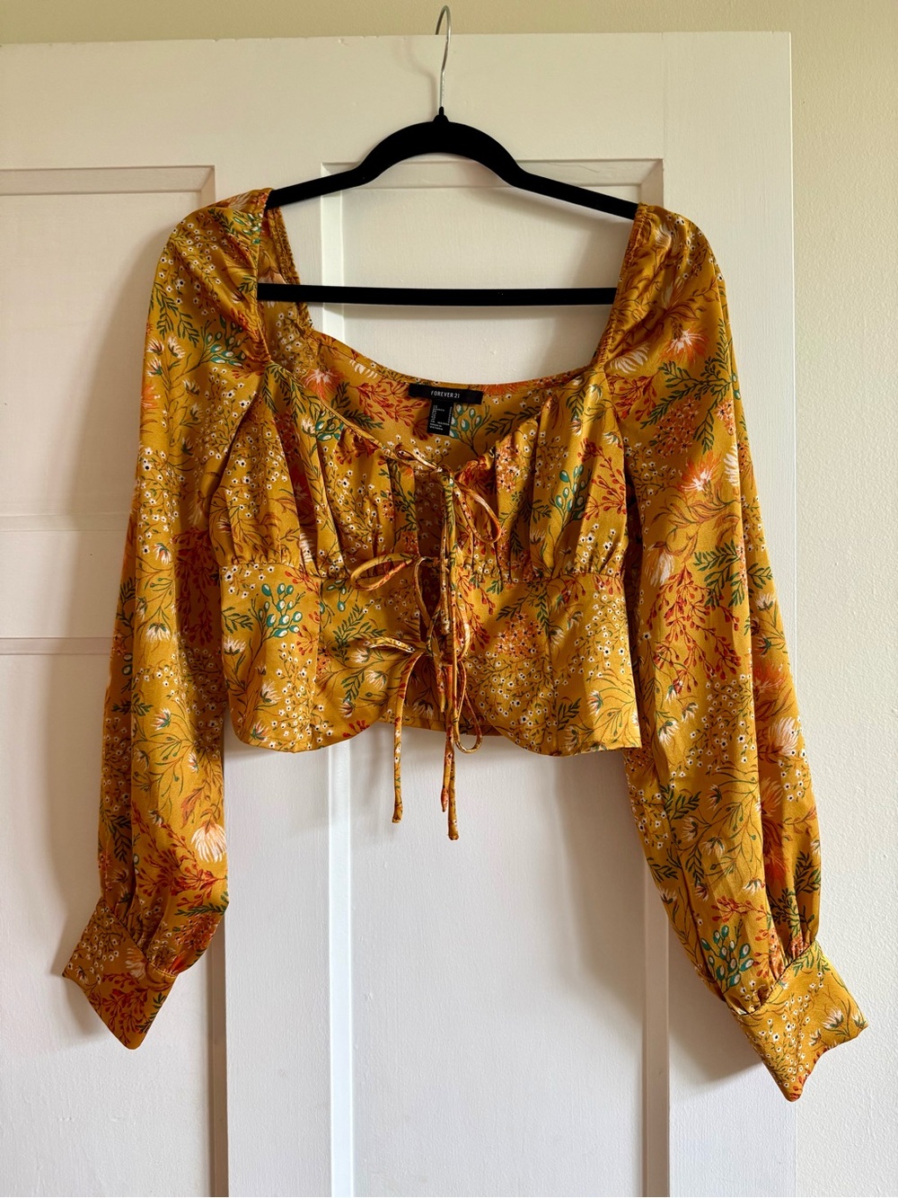 Forever 21 Mustard Yellow Floral Tie-Front Long Sleeve Top